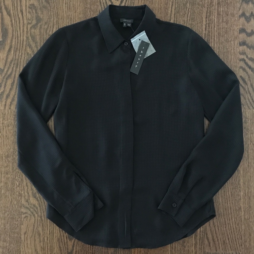 Theory Black Biddy Silk Button Down Blouse